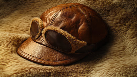 An aviator hat with leather finish, resting on a textured wool surface, with natural light highlighting its features and room for text.の素材