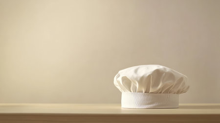 An elegant white chef hat sitting on a light wooden surface, with soft, diffused light and ample space for fashion-related copy.の素材