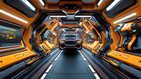 Autonomous robotic arms working in a futuristic car manufacturing plant, digital transformation in industrial automation with copy space.の素材