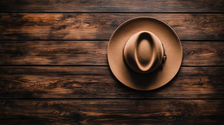 An elegant wide-brim hat on a smooth wooden table with soft lighting, leaving room for creative text above.の素材