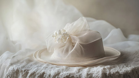 An elegant fascinator hat sitting on a lace tablecloth, with soft white light in the background providing room for copy.の素材