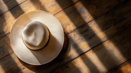 An elegant wide-brim hat on a textured wooden background, with soft lighting and ample space for messaging.の素材