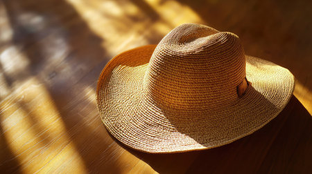 An elegant wide-brim hat on a textured wooden background with soft lighting, leaving space above for creative messaging.の素材