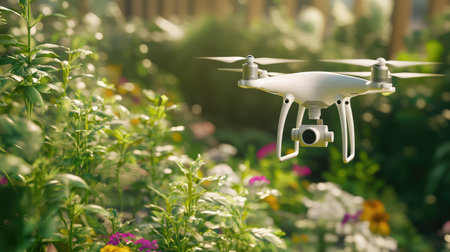 Automated drone fleet inspecting a futuristic high-tech cityscape, urban AI-powered surveillance and automation with copy space.の素材