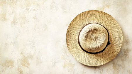 An elegant wide-brim hat placed on a light background with soft diffused light and ample space above for copy.の素材