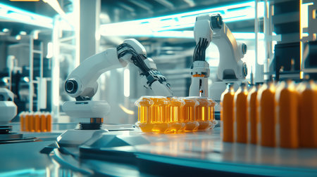 Automated robotic packaging system in a futuristic smart factory, wrapping and sorting products with precision.の素材