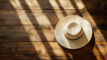 An elegant wide-brim hat placed on a rustic wooden surface, with warm natural light and plenty of room for messaging above.の素材