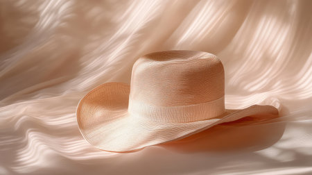 An elegant wide-brim hat placed on a light background with soft diffused light and ample space above for copy.の素材