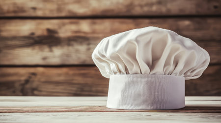 An elegant white chef hat sitting on a light wooden surface, with soft, diffused light and ample space for fashion-related copy.の素材