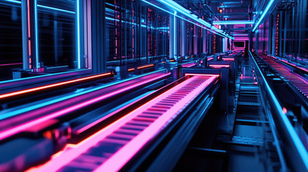 Automated conveyor belt system moving products in a high-tech smart factory, illuminated by futuristic neon lighting.の素材