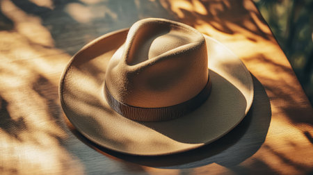 An elegant wide-brim hat placed on a smooth wooden surface, with gentle natural light and space for creative copy above.の素材