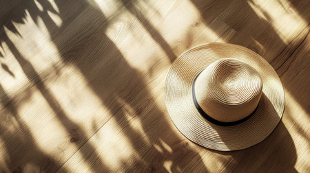 An elegant wide-brim hat placed on a smooth wooden surface, with gentle natural light and space for creative copy above.の素材