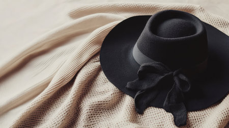 An elegant wide-brim hat resting on a neutral background with soft lighting and clear space for messaging or branding.の素材