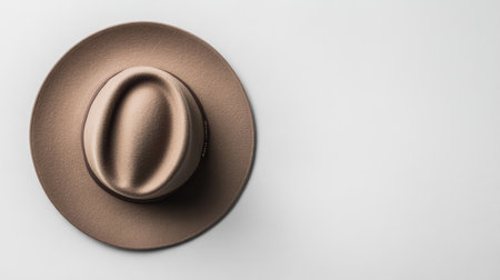An elegant wide-brim hat resting on a neutral background with soft lighting and clear space for messaging or branding.の素材