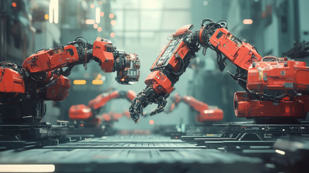 Automated robotic arms working on an assembly line under AI supervision, futuristic manufacturing process with advanced robotics and copy space.の素材