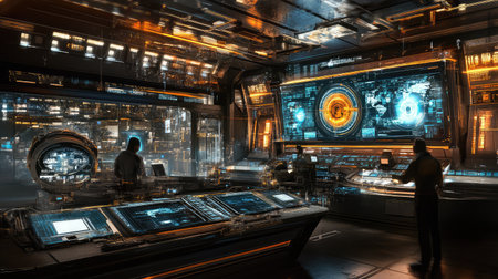 Autonomous robotic arms performing real-time monitoring and quality control in an AI-driven factory, futuristic industrial automation with copy space.の素材