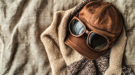 A classic aviator cap with leather and faux fur, lying on a soft linen fabric, with plenty of space for copy.の素材