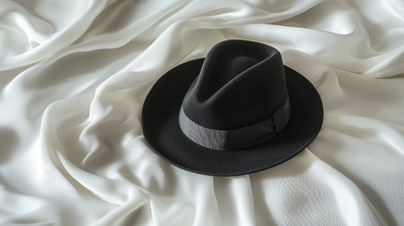 A chic black fedora hat resting on a white silk background, with soft light enhancing its features and space for copy above.の素材