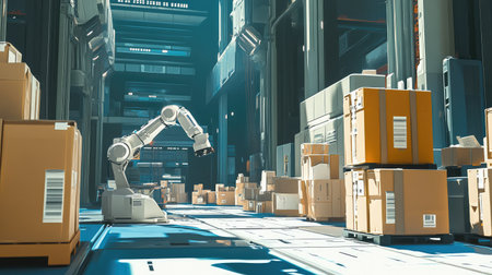 Autonomous robotic arms sorting and moving packages in a futuristic smart warehouse, cyber-blue digital logistics background with copy space.の素材