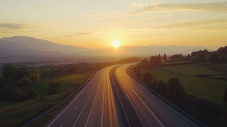 An empty highway at sunrise, with warm orange hues in the sky and vast open roads, leaving room for highway-related messages.の素材