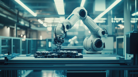 Automated robotic packaging system in a futuristic smart factory, wrapping and sorting products with precision.の素材