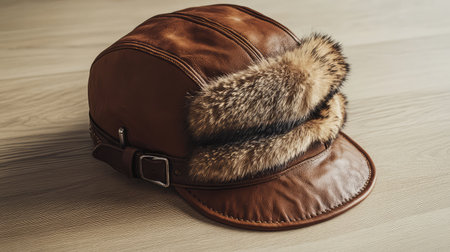 A brown aviator hat with fur and leather details, placed on a light wood surface with soft shadows and ample space for text.の素材