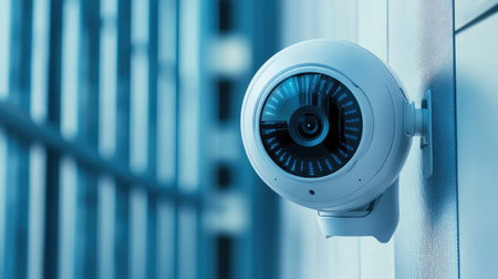 Autonomous AI security robot patrolling a futuristic smart city, artificial intelligence surveillance technology background with copy space.の素材