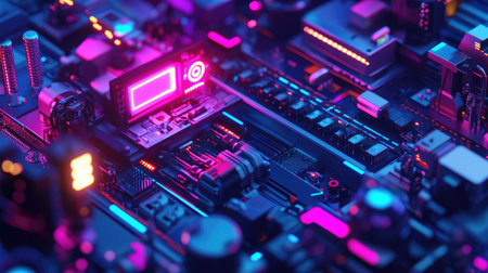 Automated manufacturing process in a smart factory, robots assembling complex machinery parts with digital displays, sensors, and glowing neon lighting, with ample copy space.の素材