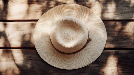 An elegant wide-brim hat placed on a smooth wooden surface, with gentle natural light and space for creative copy above.の素材