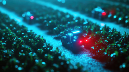 Autonomous farming concept with robotic tractors and AI drones analyzing crops, futuristic agriculture technology background with copy space.の素材