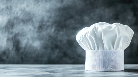 A classic white chef hat with pleats placed on a kitchen surface with clear space above for text.の素材