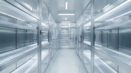 Automated pharmaceutical factory with stainless steel processing equipment, clean laboratory conditions, and high-tech production lines. A futuristic, sterile industrial space.の素材