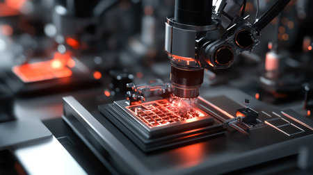 Automated nanotechnology assembly plant, producing microscopic industrial components under futuristic lighting.の素材