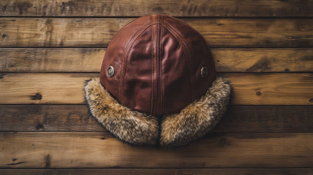 A brown aviator hat with fur trim, resting on a wooden surface with soft light and room for copy above.の素材