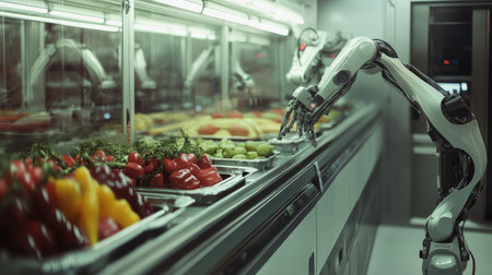 Autonomous industrial robotic arms seamlessly working in a futuristic food production plant, AI-powered automation with copy space.の素材