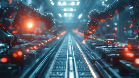 Automated systems and robotics performing synchronized tasks in a smart factory, digital interfaces, and glowing lights illuminating the production line with ample copy space.の素材
