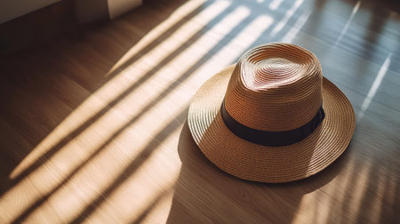 A casual straw hat on a light wooden surface with sunlight streaming from the side, leaving room for text above.の素材