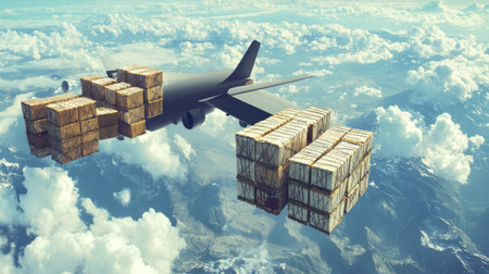 A cargo plane flying high above the clouds, leaving room for transport-related copy, showcasing air freight transport.の素材