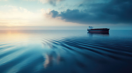A calm, serene lake with a cargo ship passing, creating ripples on the water, leaving room for text on the sky above.の素材