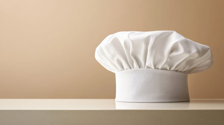A chef hat with pleats and a traditional design, resting on a smooth countertop with soft shadows and space for copy.の素材