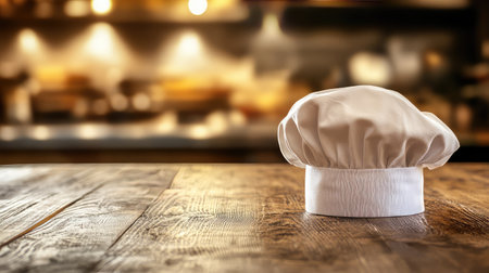 A chef hat placed on a polished wooden countertop with soft, natural light and plenty of space for messaging.の素材