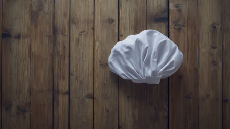 A chef's white hat with a subtle texture resting on a wooden surface, with ample space above for a creative message.の素材