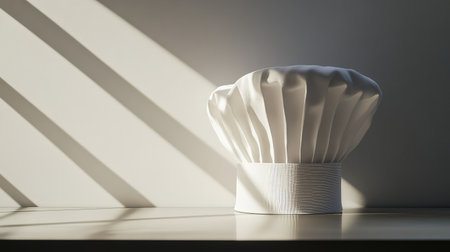 A chef hat with pleats and a traditional design, resting on a smooth countertop with soft shadows and space for copy.の素材