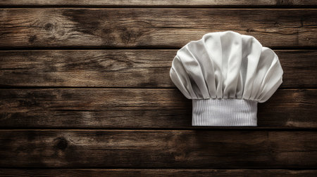 A chef hat with pleats placed on a wooden surface with soft diffused lighting and clear space above for messaging.の素材