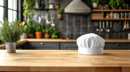 A chef hat placed on a polished wooden countertop with soft, natural light and plenty of space for messaging.の素材