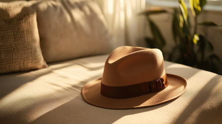 A classic wide-brim hat sitting on a soft, neutral-colored surface with soft lighting and ample space for copy above.の素材