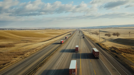 A bird's-eye view of a highway with several freight trucks, cargo visible, and wide open sky above for transport-related copy.の素材