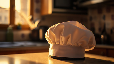 A chef hat with a traditional design, resting on a kitchen counter, with light streaming in from the side, offering room for copy above.の素材