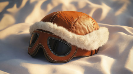 A classic aviator hat with leather and faux fur, lying on a soft cotton background, with warm light and plenty of room for messaging.の素材