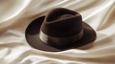 A chic black fedora hat resting on a white silk background, with soft light enhancing its features and space for copy above.の素材